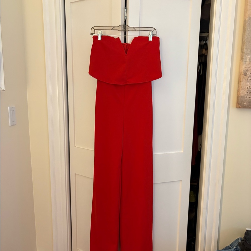 Lulu's Strapless Wide-Leg Jumpsuit in Bright Red